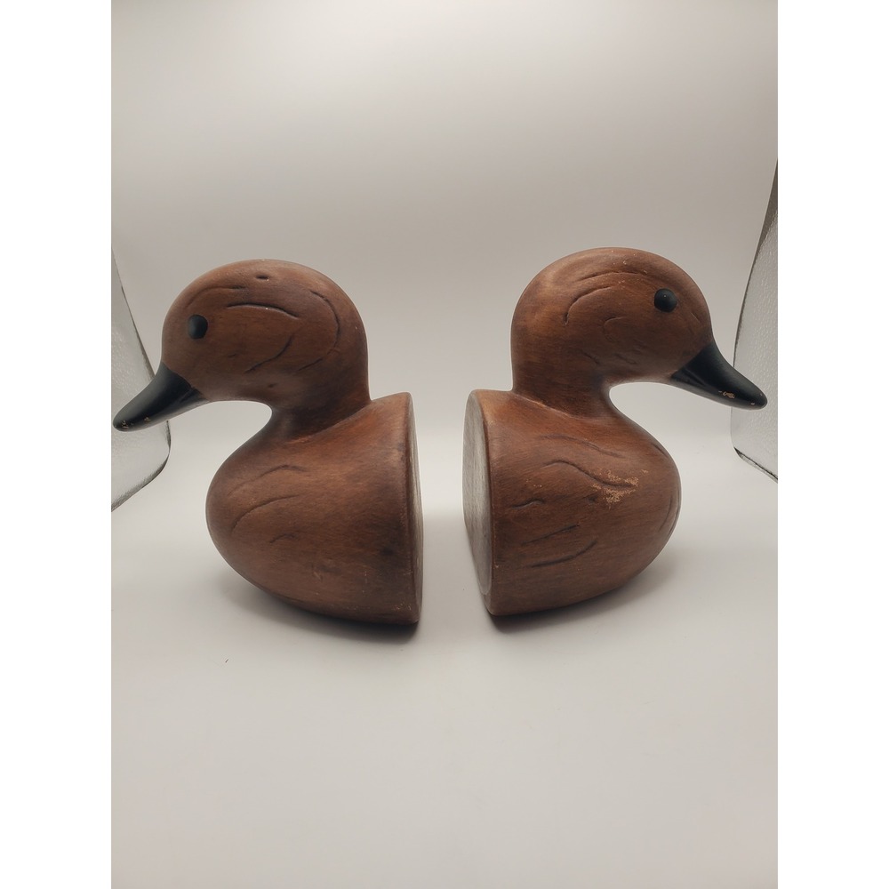 Vintage Faux Wood Duck Head Bookends Set - Rustic Decoy Chalkware
